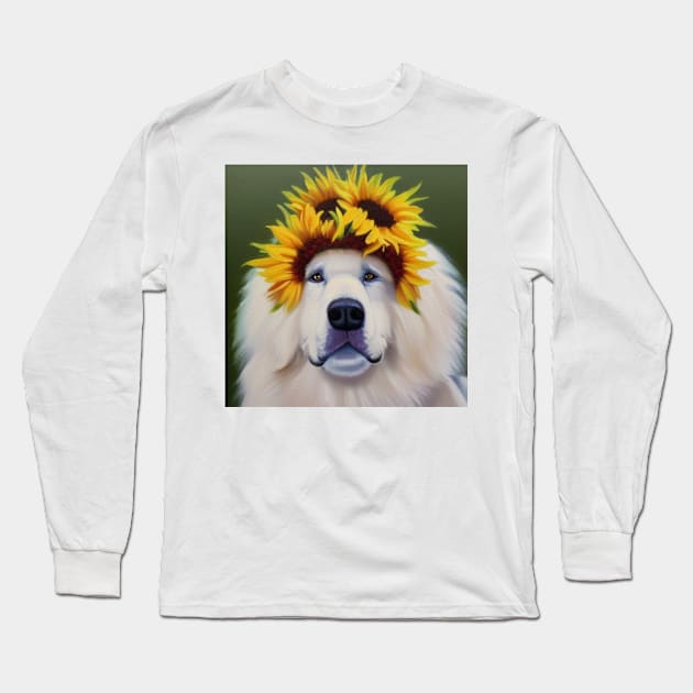 Great Pyrenees with Sunflower Crown Long Sleeve T-Shirt by TrapperWeasel